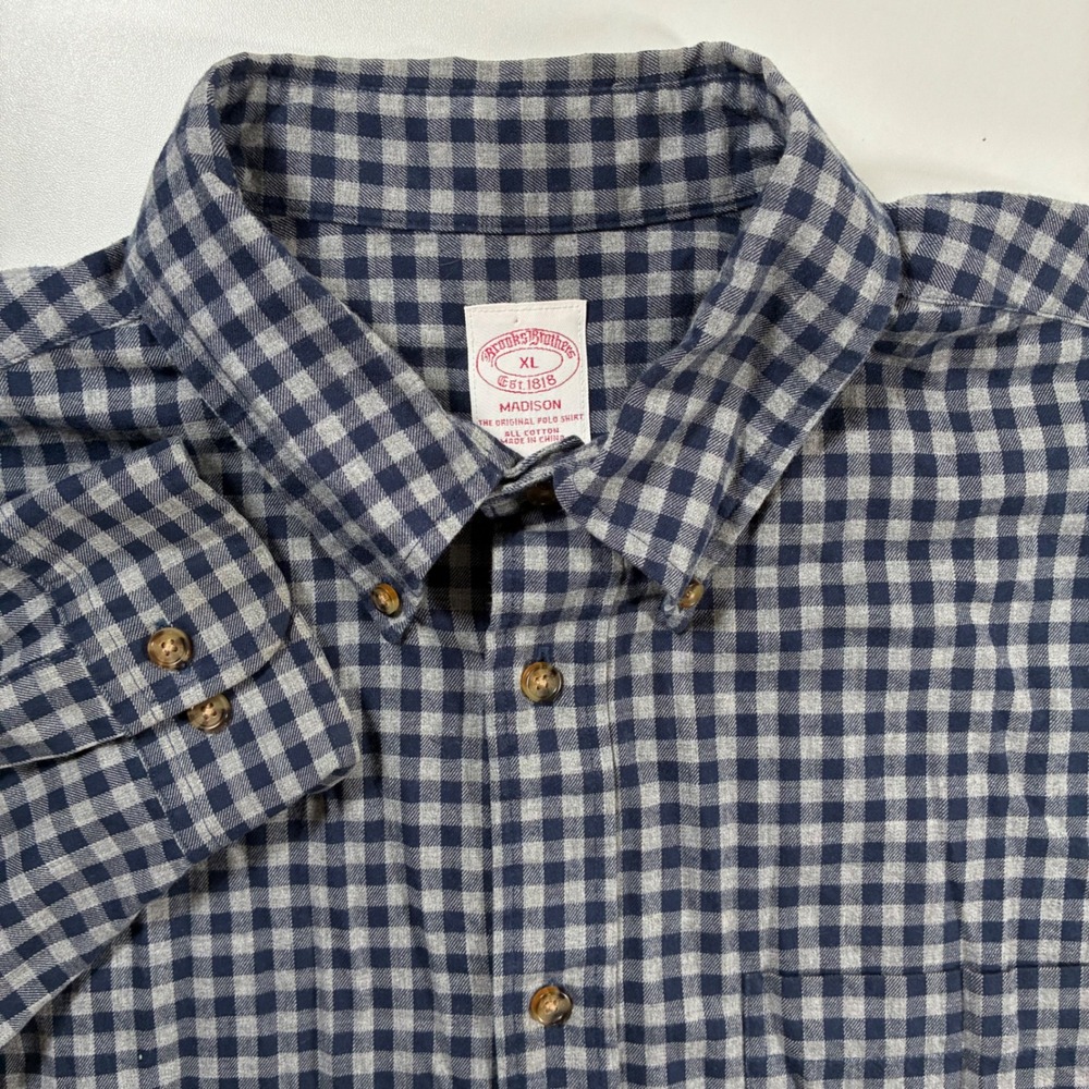 Brooks Brothers Madison Flannel Shirt XL Blue Grey Gingham Check Button Down